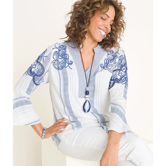 Chico's White & Blue Nautical Striped Embroidery Blouse Women 12/14 Boho Coastal - Picture 1 of 14